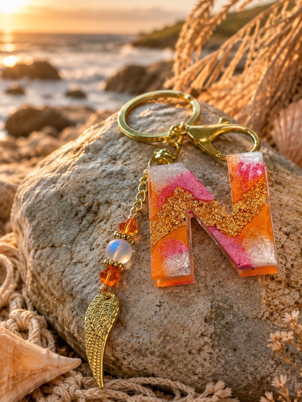 Orange, Gold and Pink Initial Letter “N” Boho Keychain With Angel Wing Charm - Picture 11 of 11
